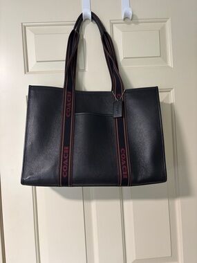 Coach Black Pebbled Leather Tote with Branded Brown-Strap Detail